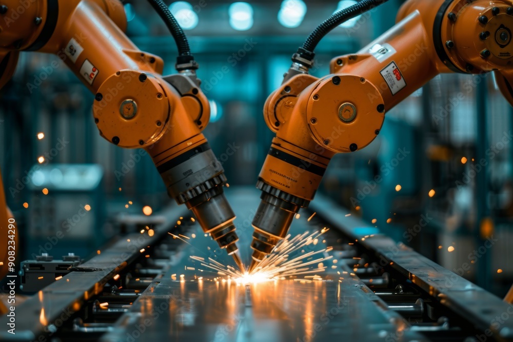 Poster two industrial robot arms welding on a production line, creating sparks in a high-tech manufacturing