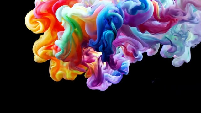 Colorful smoke swirling on black background. Neon fume floating. Abstract Haze Cloud. 3D simulation. Rainbow ink paints in water