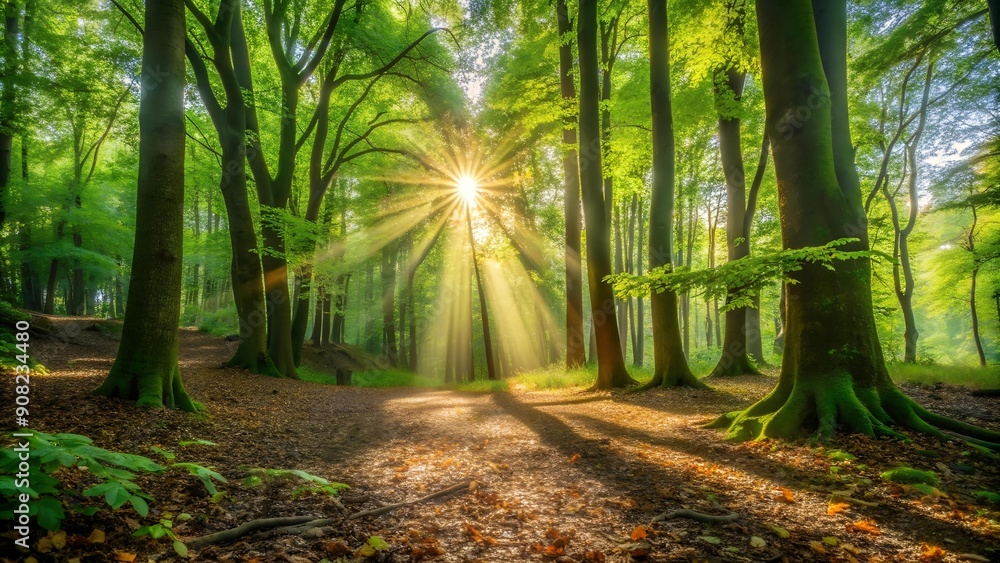 Poster sunlight filtering through a canopy of leaves generative ai
