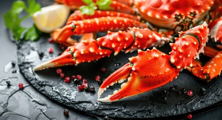 Alaska King Crab Delicacy. Closeup of Red King Crab Served as Asian Cookery on Black Table