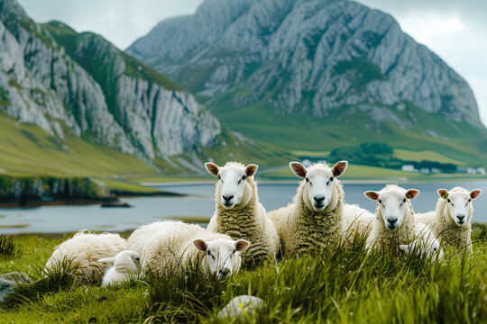 Moutons  pr&eacute;s d'un lac dans la campagne en Ireland