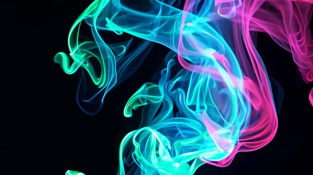 Colorful smoke swirling on black background. Neon fume floating. Abstract Haze Cloud. 3D simulation