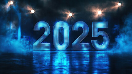 Electrifying 2025 Neon Projection: Futuristic Blue Glowing Numbers with Energy Effects and Reflections in Misty Atmosphere