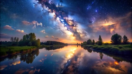 Obraz premium Cosmic Canvas: The Milky Way's Reflection in a River Generative AI