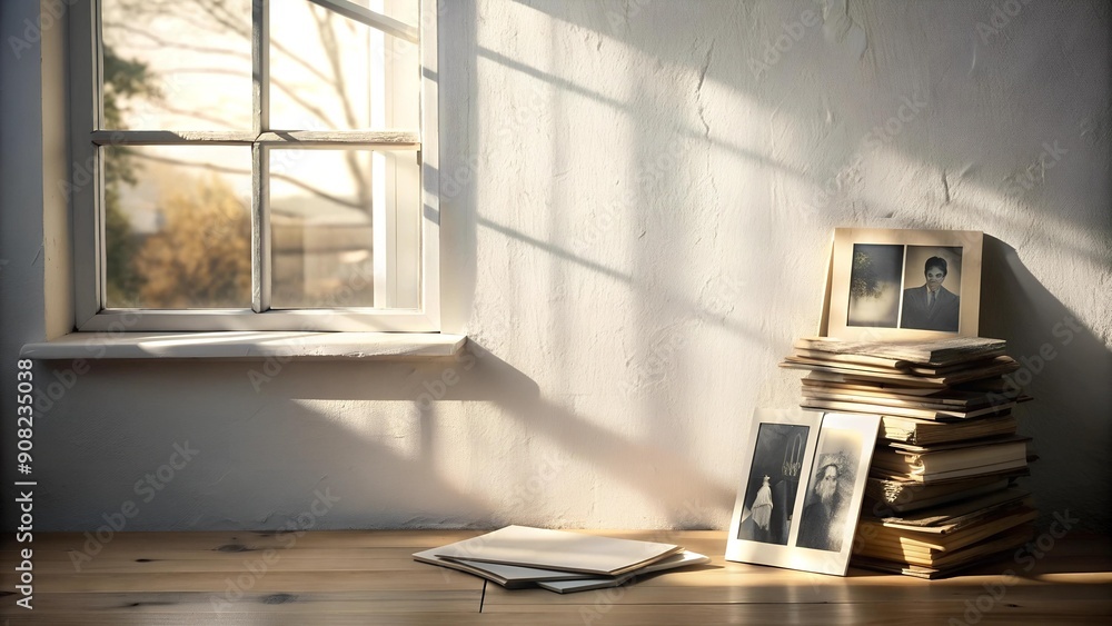 Aufkleber vintage white wall with a soft shadow of a window and a stack of old photographs generative ai