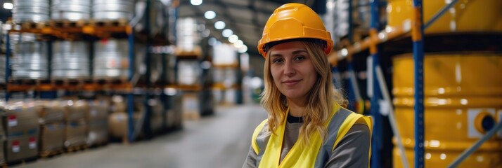Female warehouse manager near chemical barrels in logistics center with selective focus