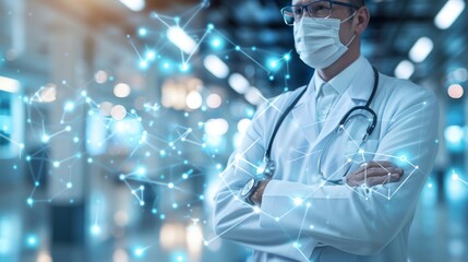 A masked medical professional in a modern lab, exuding competence. Wearing lab coat, stethoscope, ready to provide healthcare. Perfect for modern medicine, research, care themes