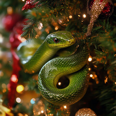 Fototapeta premium Green snake wraps itself around a decorated Christmas tree. New Year's holiday atmosphere with the symbol of the year