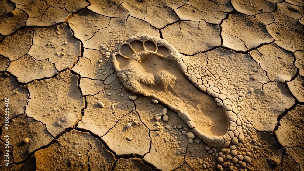 Poster the path less traveled: a footprint traced in dried mud cracks ai generated