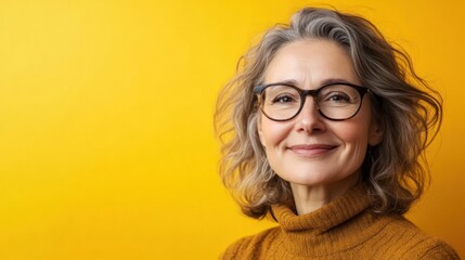 Fototapeta premium Smiling woman with gray hair in a yellow background