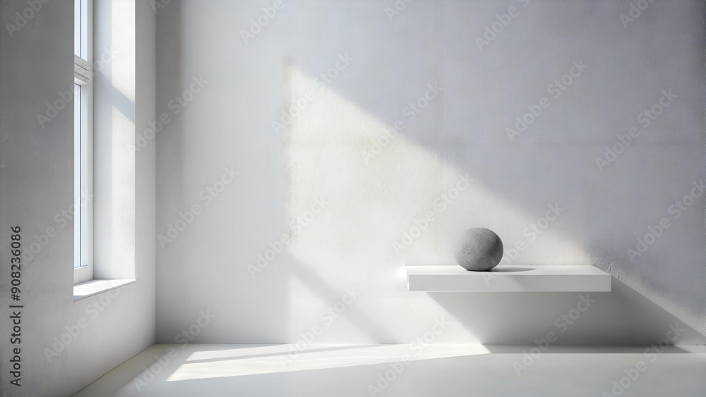 Poster minimalist white wall with a subtle shadow of a window and a single stone generative ai