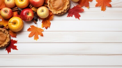 Autumn apple pie, cinnamon and leaves on white wooden background
