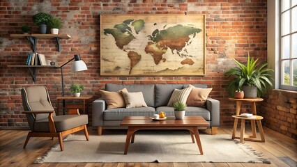 Rustic Living Room with Vintage Map Wall Poster  AI generated