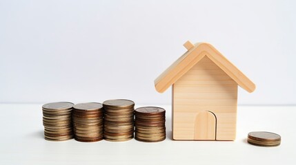 House model and coins on white background, saving money for buy a house concept