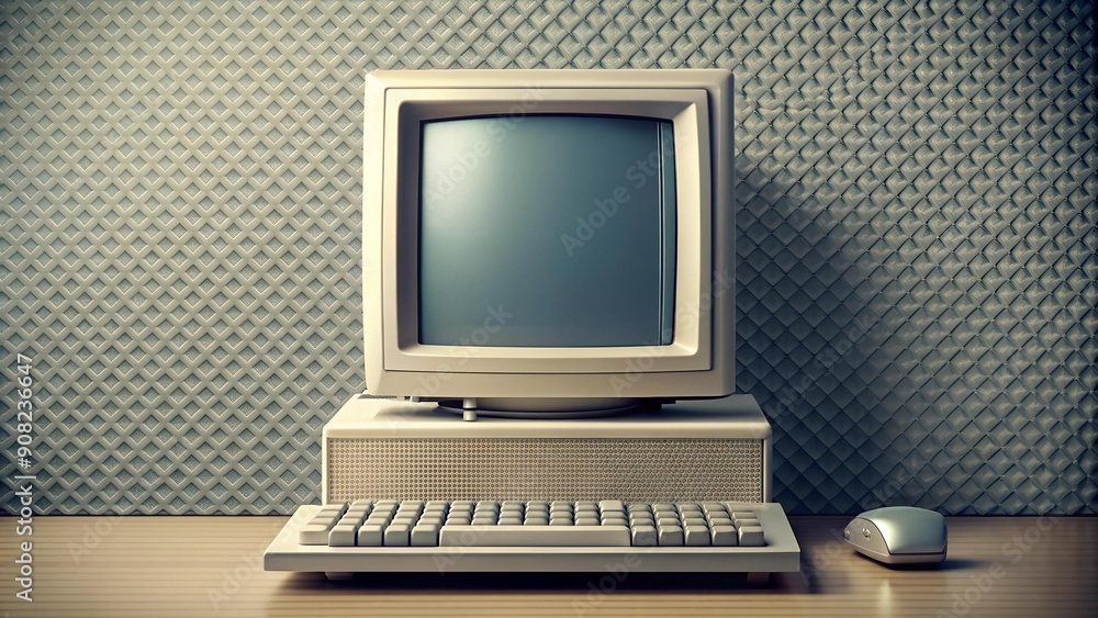 Poster retro reflections: a halftone computer reflecting in a vintage mirror ai generated