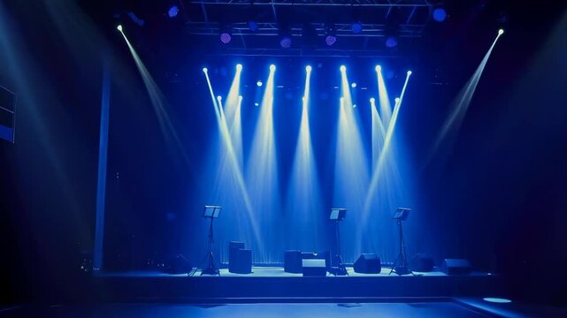 An empty concert stage is illuminated by bright blue lights, creating a dramatic mood. The stage, set for a performance, features speakers and microphones. The atmosphere is quiet, suggesting