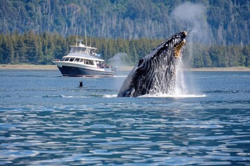 Fototapeta premium Whale Watching Boat Tour in Alaska: Adventure in Blue Waters to Spot Humpback Whales