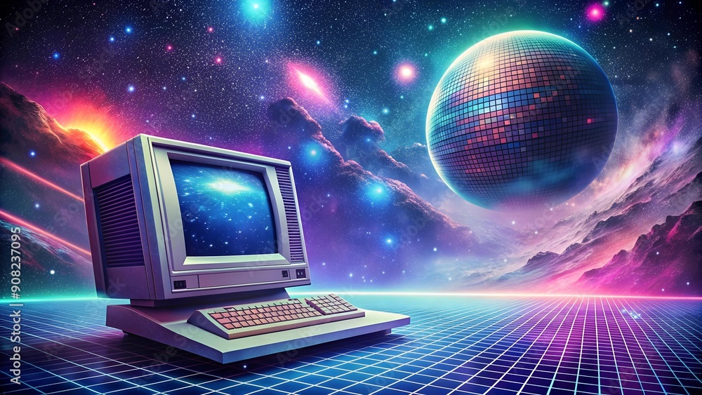 Poster cosmic circuitry: a halftone computer amidst stars and planets generative ai