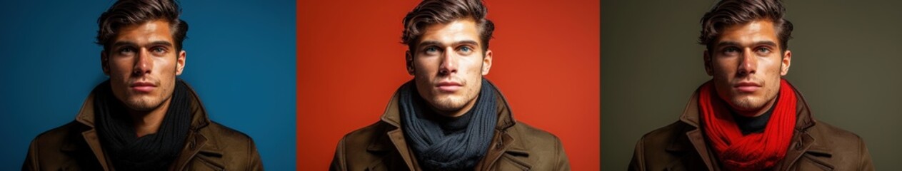 Fototapeta premium Fall Casual Fashion Studio Shoot Featuring Warm Scarves and Layers