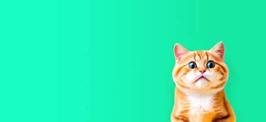 Red Striped Scared Cat on Green Background, Big Eyes, Banner, empty text space