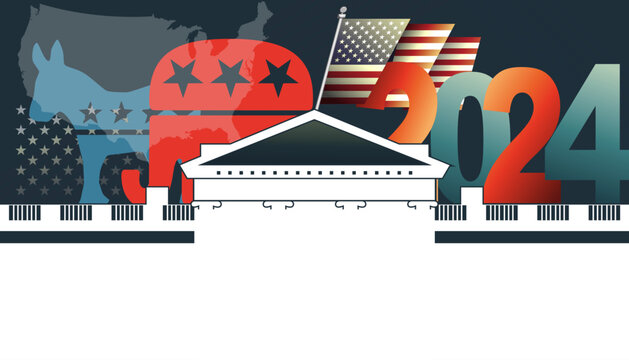White House, United States american flag  US Presidential Election VOTE 2024 banner, background, web, greeting card, poster, holiday cover, label, flyer, layout. Social media print for presentation