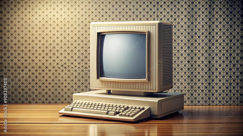 Poster retro reflections: a halftone computer reflecting in a vintage mirror generative ai