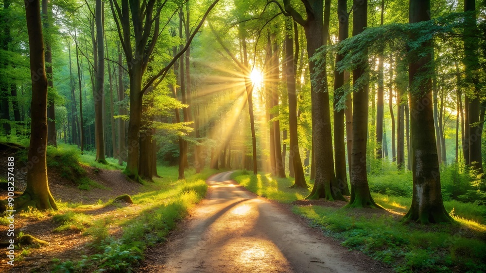 Poster a sunlit path through a forest of trees ai generated