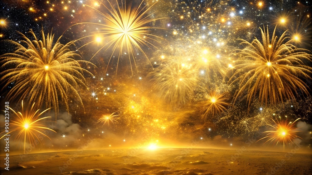 Poster golden nebula: 2025 embraces the universe with a display of fireworks and confetti generative ai