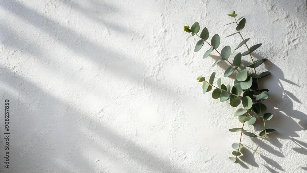 Poster textured white wall with a soft shadow of a window and a sprig of eucalyptus ai generated