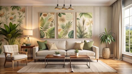 Warm and Inviting Living Room with Botanical Print Poster Mockup  AI generated