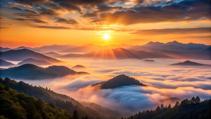 Obraz premium A Misty Sunset Over a Mountain Range Generative AI