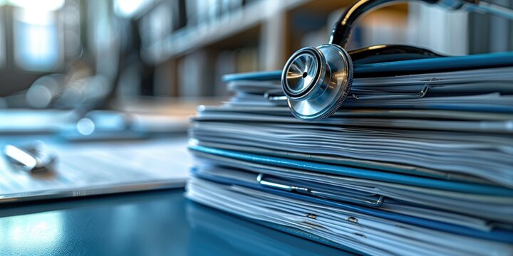Stethoscope Resting on a Neat Stack of Medical Files in Office