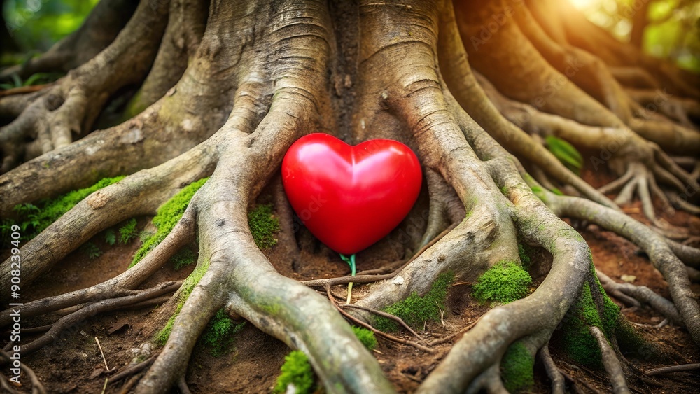 Poster love's sanctuary: a red heart nestled within the roots of a tree generative ai