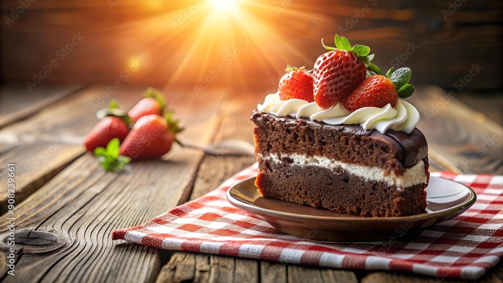 Poster a slice of decadence: chocolate cake with strawberries in a rustic setting generative ai