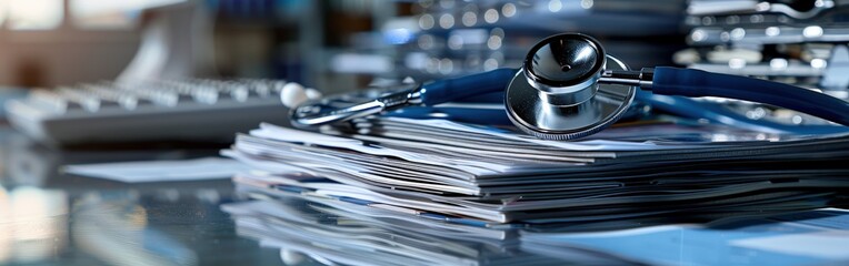 Close Up of Stethoscope Resting on Pile of Medical Files in Office