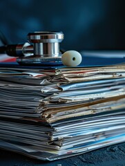 Close Up of Stethoscope Resting on a Pile of Medical Files