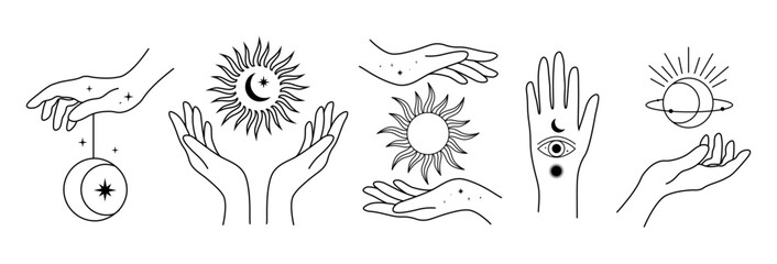 Hands with sun, moon and star icons set. Celestial symbol isolated on a white background.	