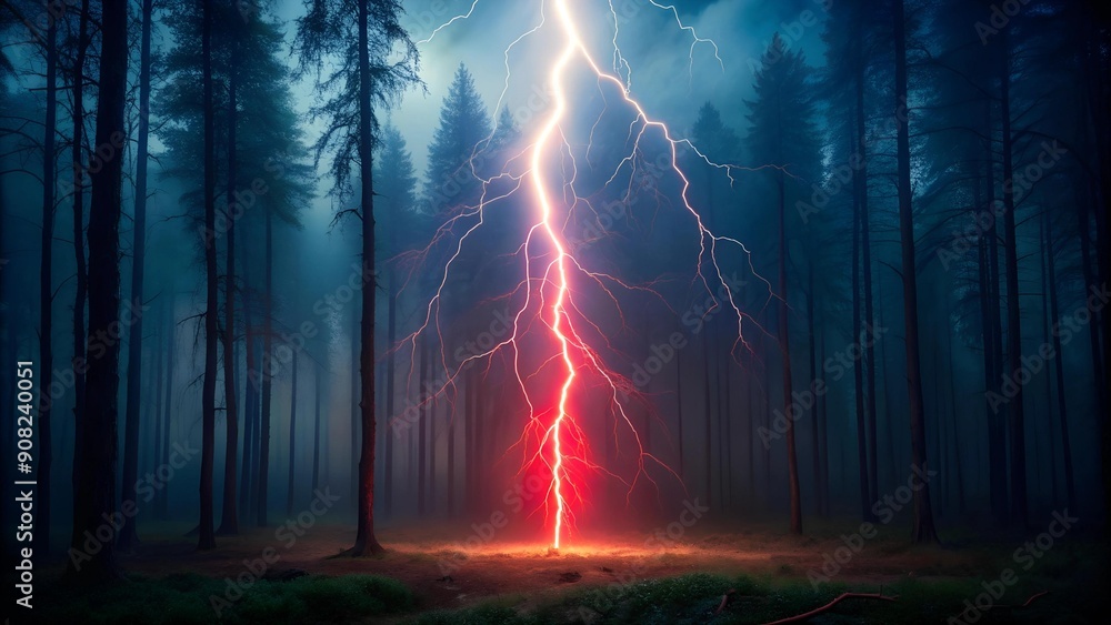 Poster red lightning bolt illuminating a dark forest generative ai