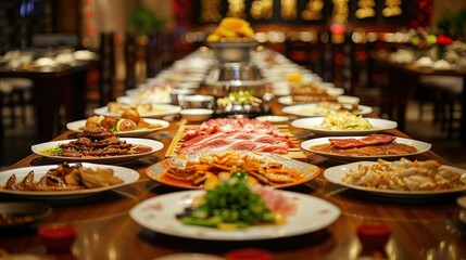 Fototapeta premium Extensive Array of Dishes at a Chinese Restaurant During Dinner Service