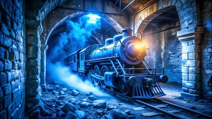 Echoes of the Past: A Glowing Blue Locomotive Emerging from a Crumbling Ruin  Generative AI