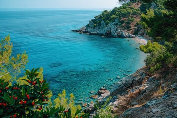 Fototapeta premium Stunning Cliffs Overlooking Pristine Blue Sea at Serene Coastal Location