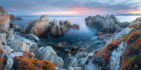 Cliffs Overlooking Tranquil Blue Sea at Dawn Near Rocky Coastline