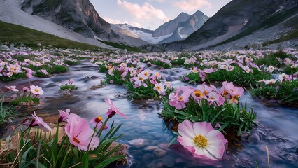spring in the mountains, a river with flowers and mountains in the background