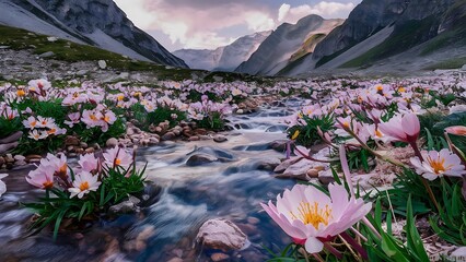 flowers in the mountains, a river with flowers and mountains in the background