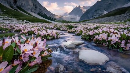 a river with flowers and mountains in the background