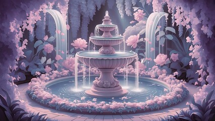 fountain in the garden, a painting of a fountain with water and flowers in the background