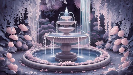 a painting of a fountain with water and flowers in the background, fountain in the park