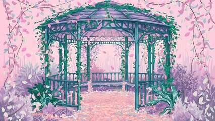 a painting of a garden with a green gazebo in the background