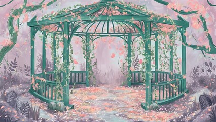 a painting of a garden with a green gazebo in the background, old house in the park