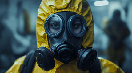 Person in hazmat suit with gas mask, hazardous materials handling, protective gear, industrial safety, biohazard environment, emergency response, contamination prevention